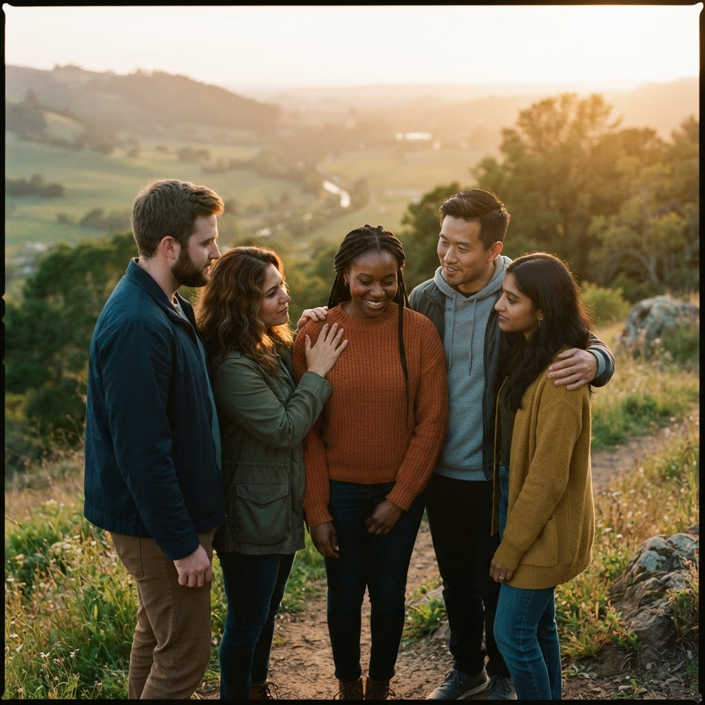 People standing together outdoors, supporting one another